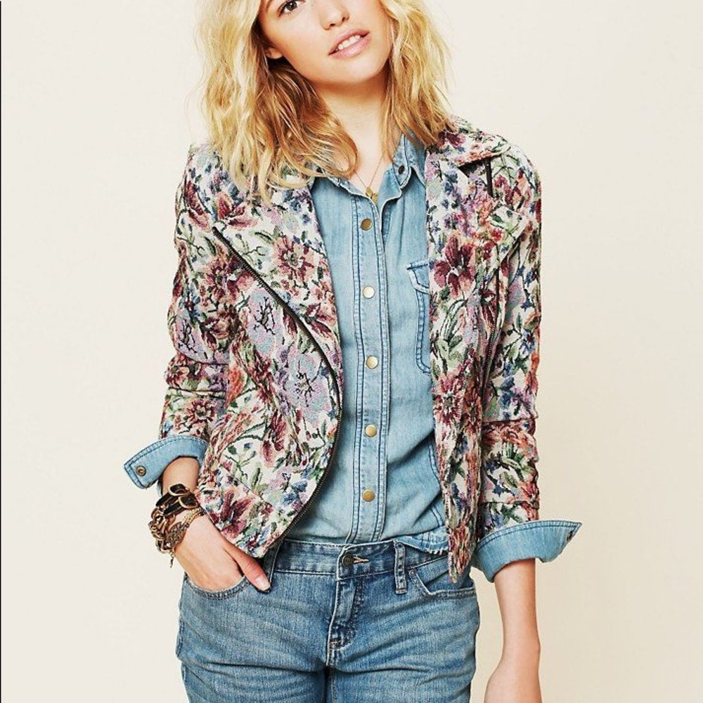 Free People Floral Tapestry Moto Jacket
